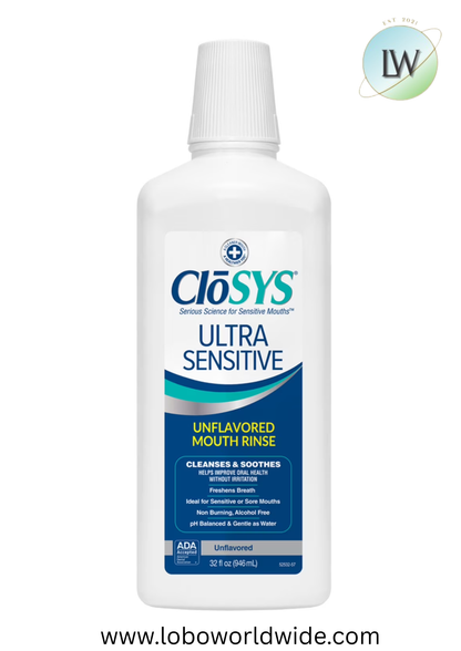 CloSYS Ultra Sensitive Mouthwash, Unflavored Alcohol Free, Dye Free, pH Balanced, Helps Soothe Entire Mouth – 32 Oz