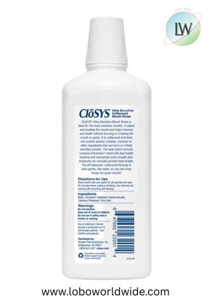 CloSYS Ultra Sensitive Mouthwash, Unflavored Alcohol Free, Dye Free, pH Balanced, Helps Soothe Entire Mouth – 32 Oz
