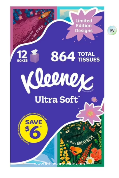 Kleenex Ultra Soft Hypoallergenic Facial Tissues, 864 Tissues, 12 Cube Boxes