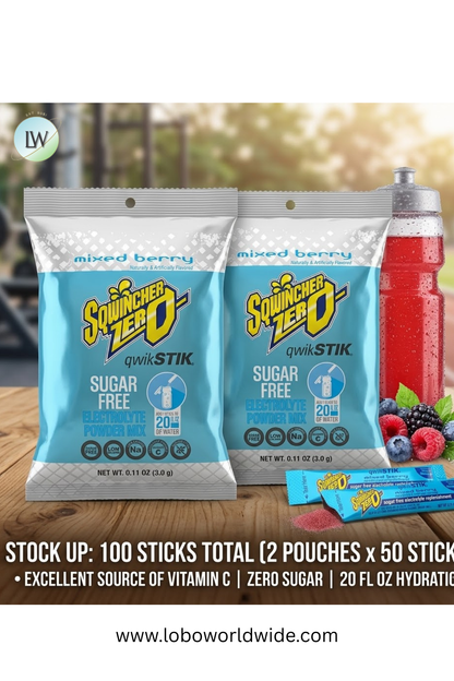 Sqwincher Qwik Stik ZERO Sugar, 0.11 oz, Pack, Yields 20 oz,100pk(Various Flavours)