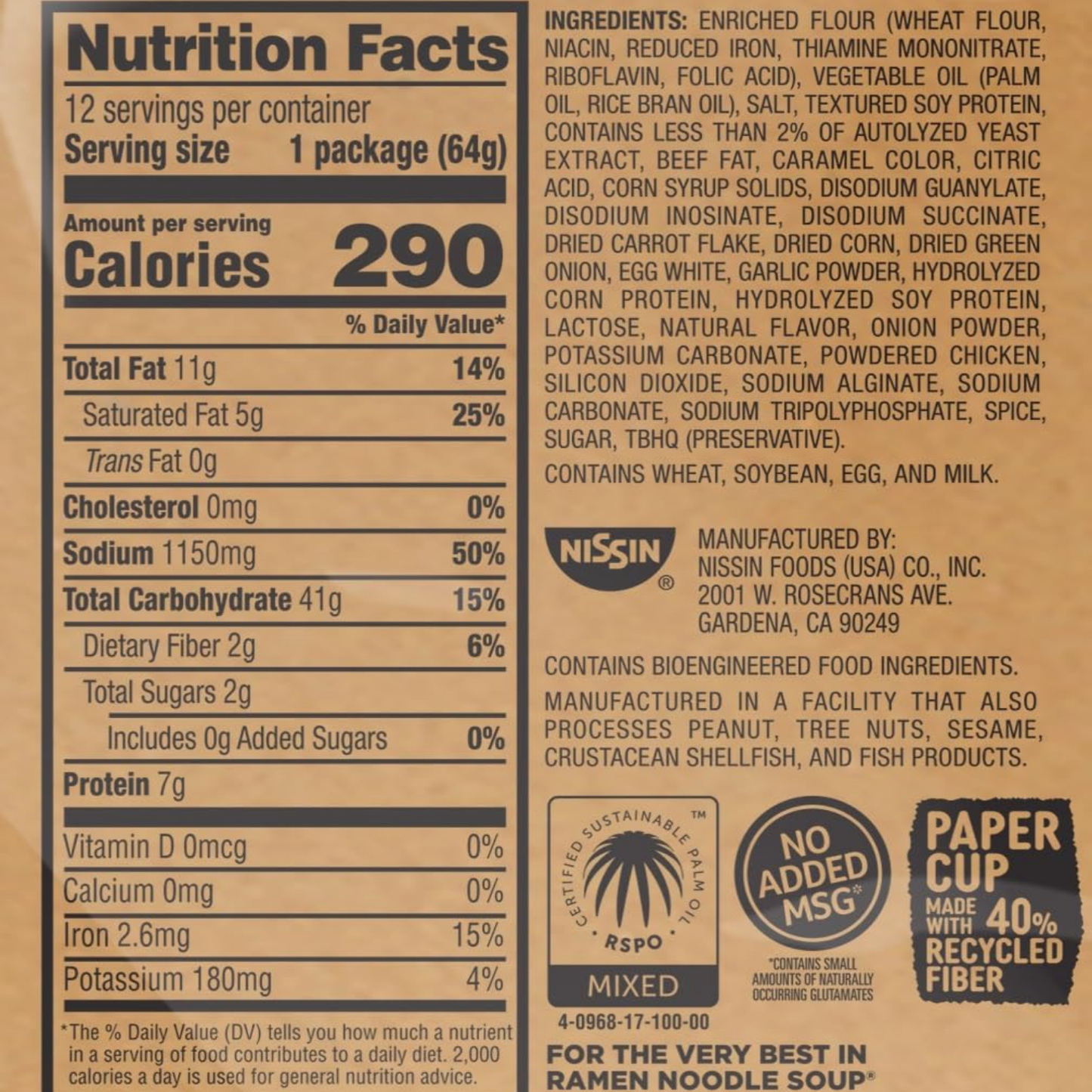 Nissin Cup Noodles Soup, Beef Flavor, Microwaveable Paper Cups, Instant Ramen, 2.25 Ounce (Pack of 12)