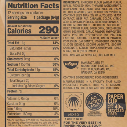 Nissin Cup Noodles Soup, Beef Flavor, Microwaveable Paper Cups, Instant Ramen, 2.25 Ounce (Pack of 12)