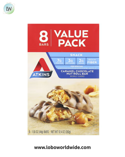 Atkins, Snack, Caramel Chocolate Nut Roll Bar, 8 Bars, 1.55 oz (44 g) Each