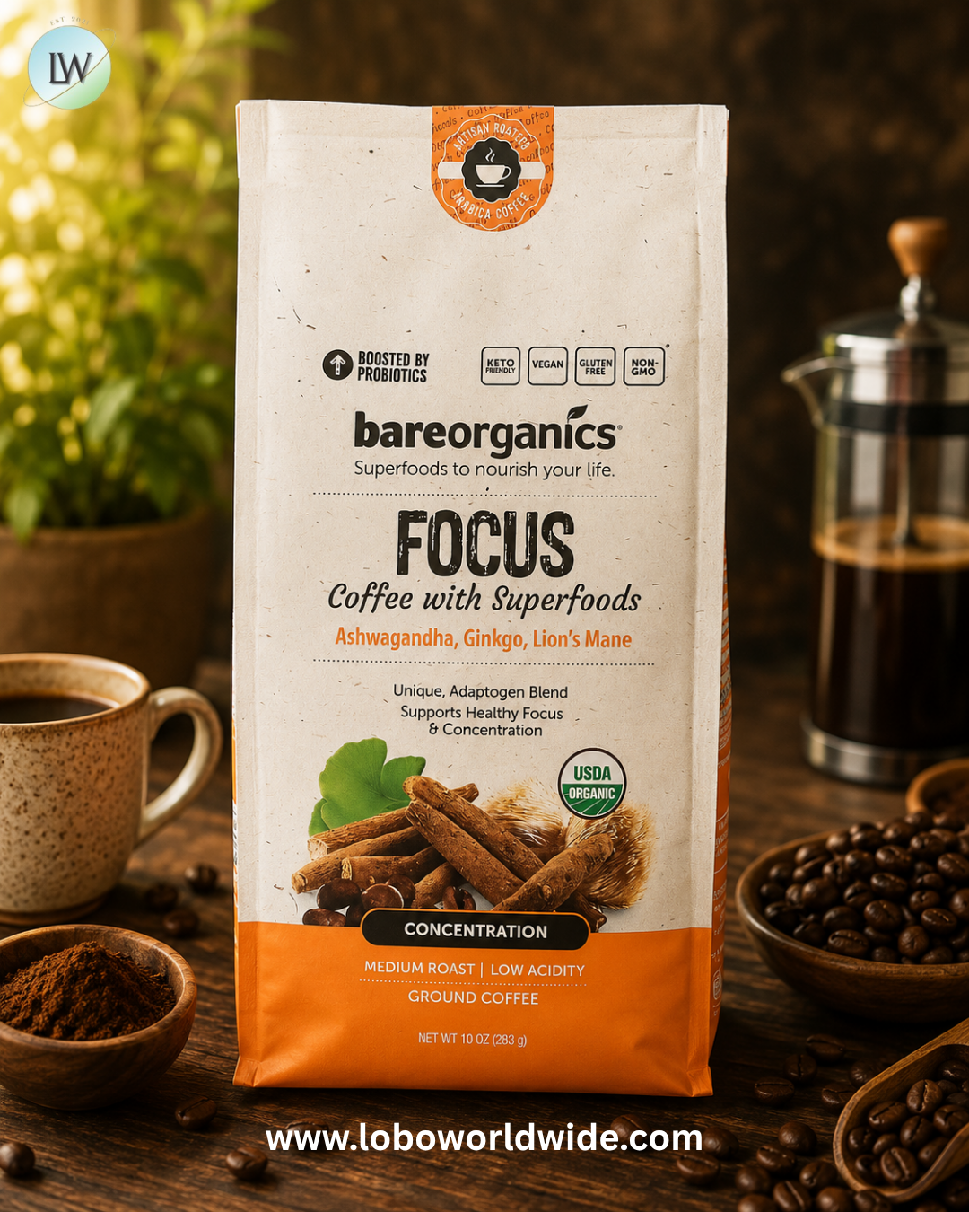 BareOrganics, Focus Coffee With Superfoods, Ground, Medium Roast, 10 oz (283 g)