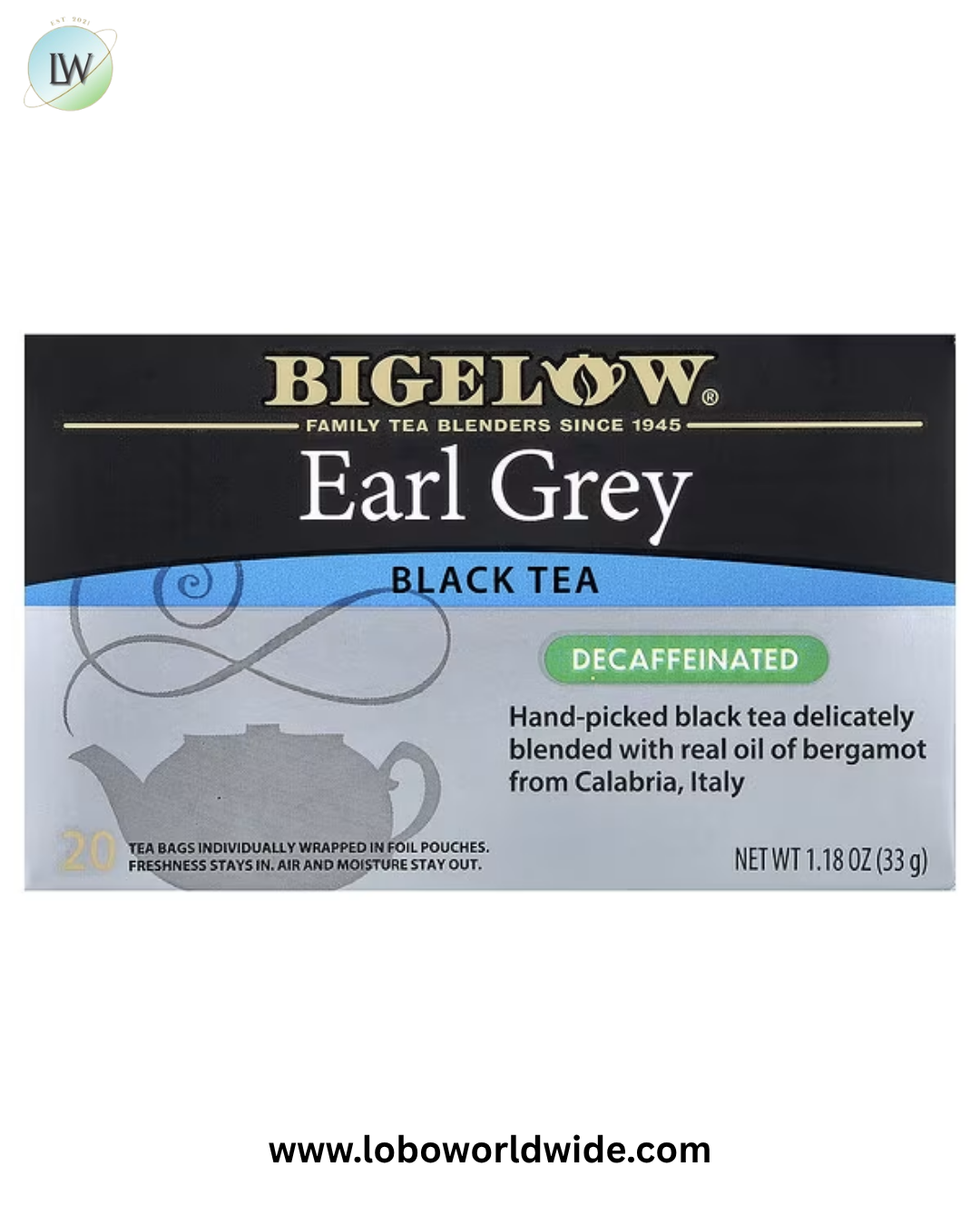 Bigelow, Black Tea, Earl Grey, Decaffeinated, 20 Tea Bags, 1.18 oz (33 g)