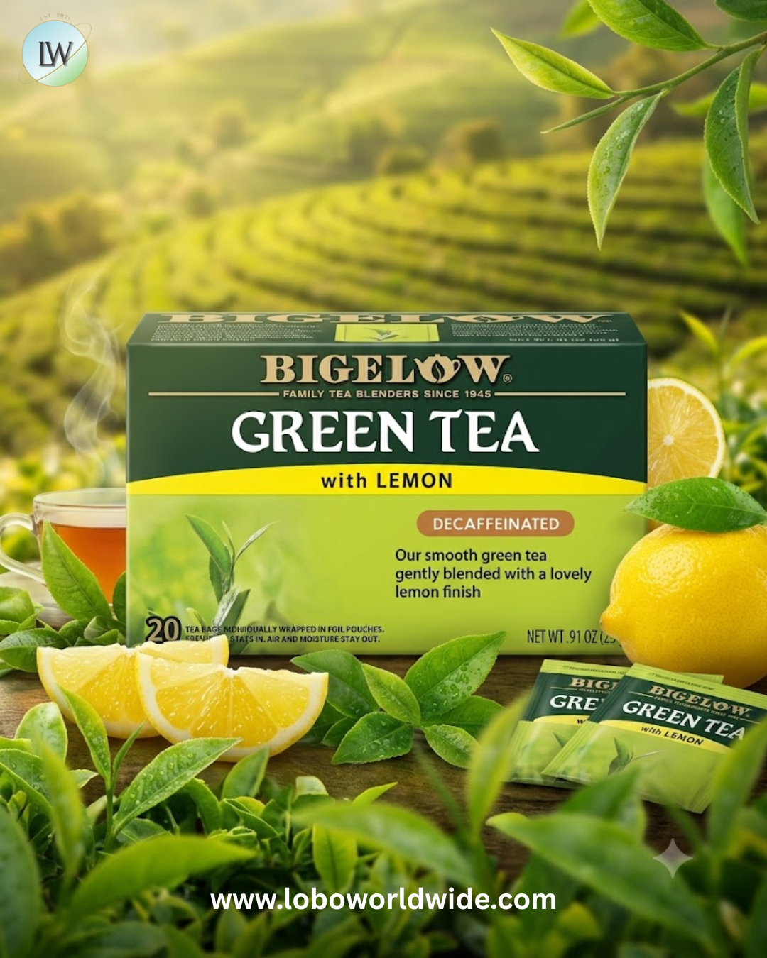Bigelow, Green Tea With Lemon, Decaffeinated, 20 Tea Bags, 0.91 oz (25 g)