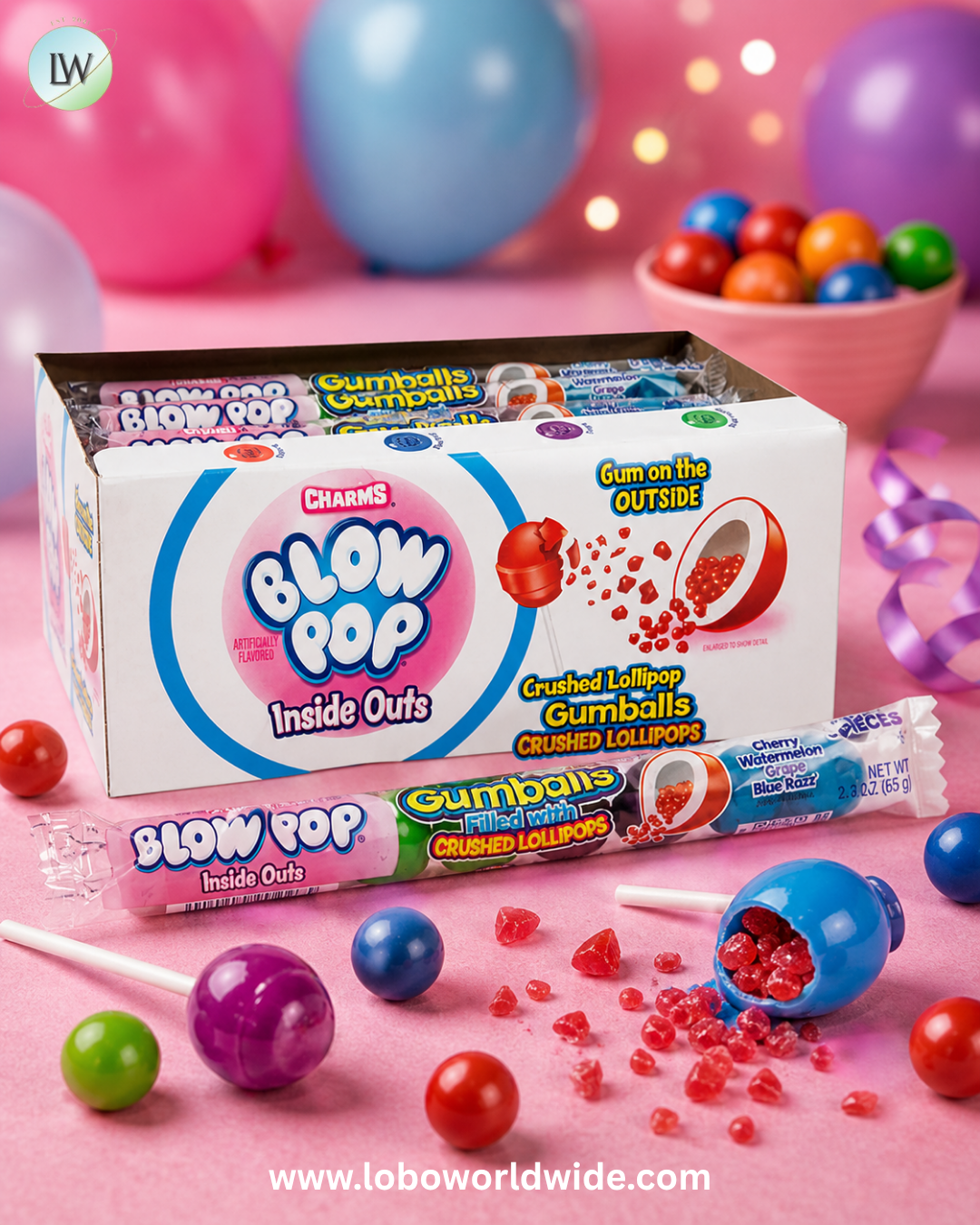 Blow Pop Inside Outs Gumballs Filled with Crushed Lollipops Tubes - 24ct