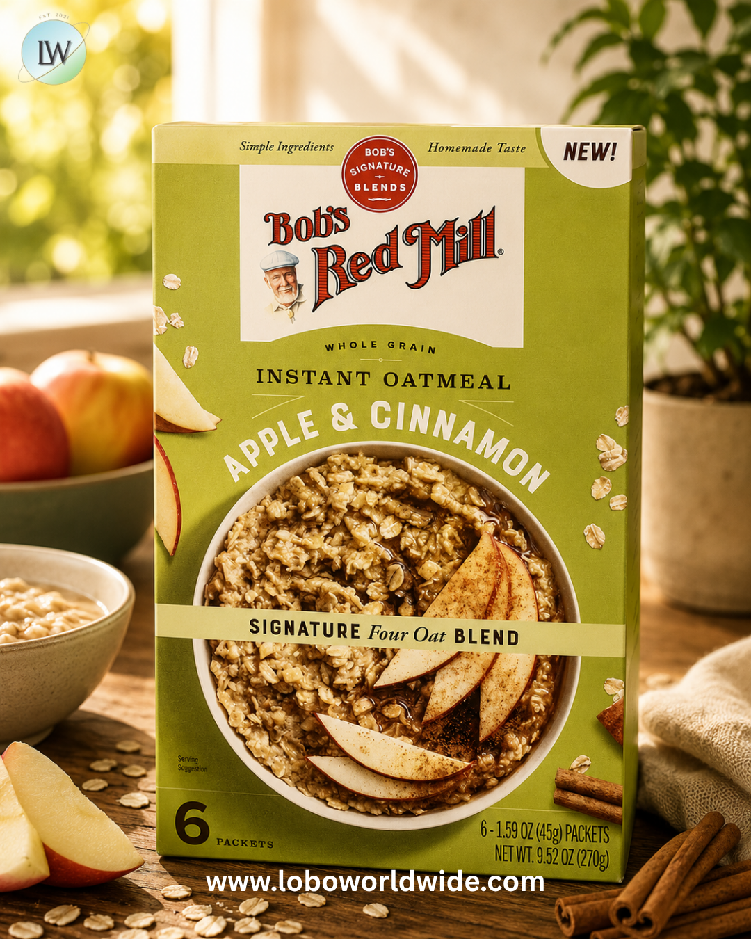 Bob's Red Mill, Instant Oatmeal, Whole Grain, Apple & Cinnamon, 6 Packets, 1.59 oz (45 g) Each