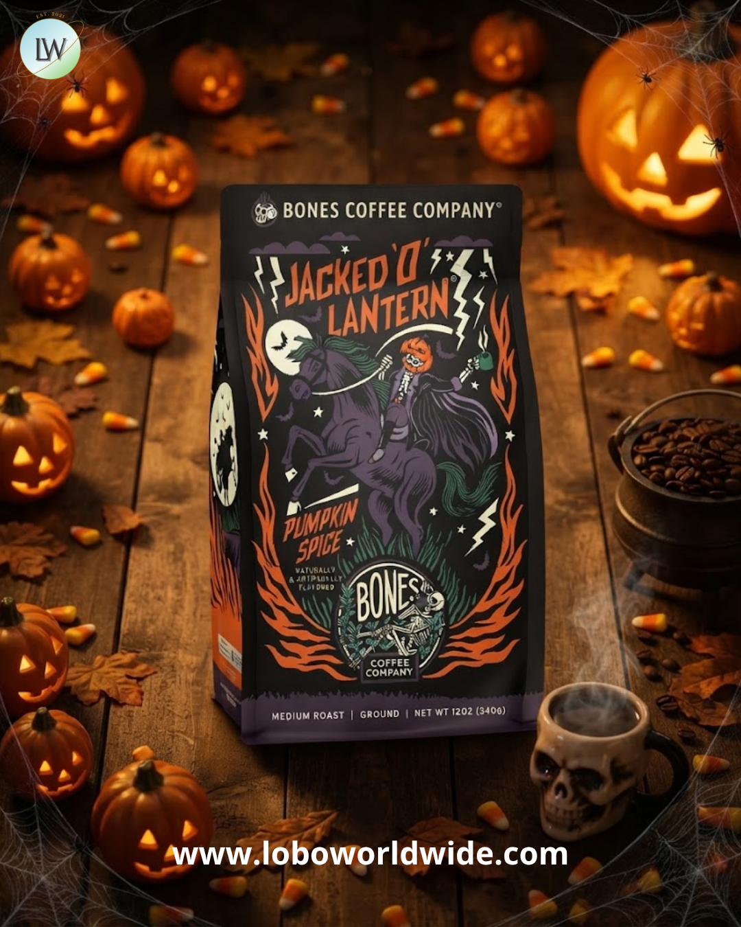 Bones Coffee Company Ground Coffee, Jacked O' Lantern, 12 oz.