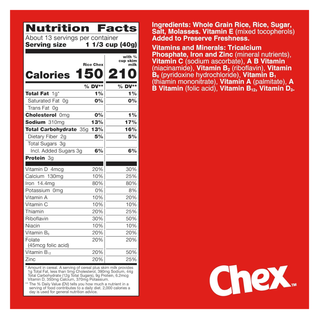 Rice Chex Breakfast Cereal, Gluten Free, 18 oz