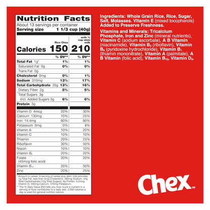 Rice Chex Breakfast Cereal, Gluten Free, 18 oz