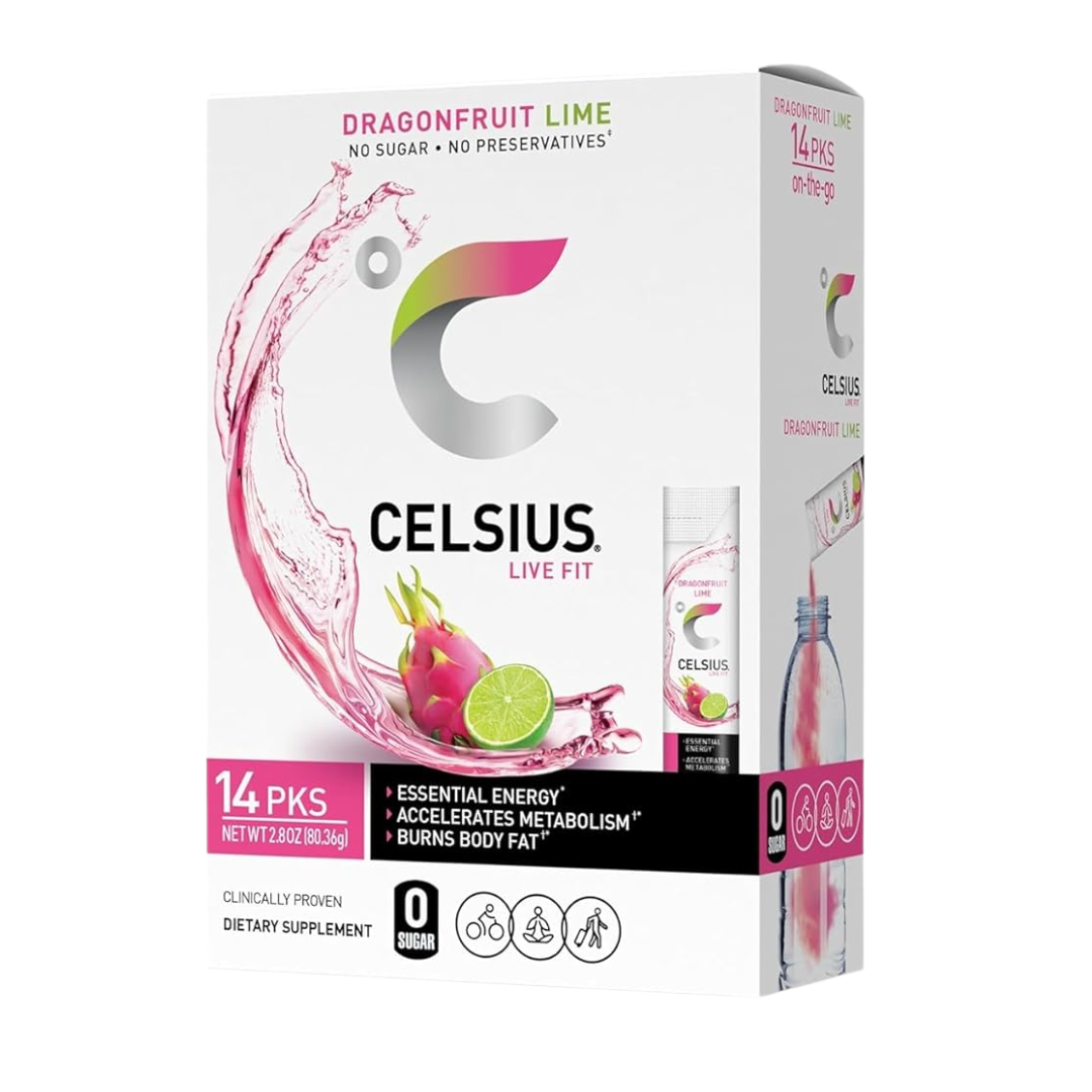 CELSIUS Dragonfruit Lime On-the-Go Powder Stick Packs, 14 Count (Pack of 1)
