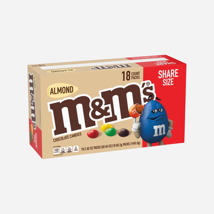 M&M'S Almond Chocolate Candy, Full Size 2.83 oz Bag, Pack of 18 Bulk Candy Chocolate