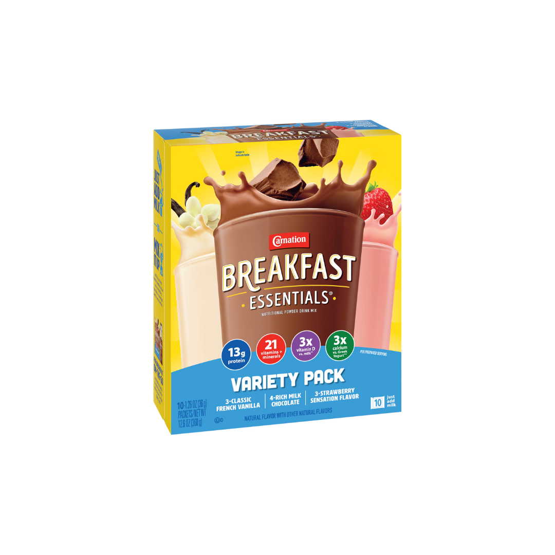 Carnation Breakfast Essentials Complete Nutritional Drink Rich Milk Chocolate/Classic French Vanilla/Strawberry Sensation Flavor 1.26 oz. 60 Ct