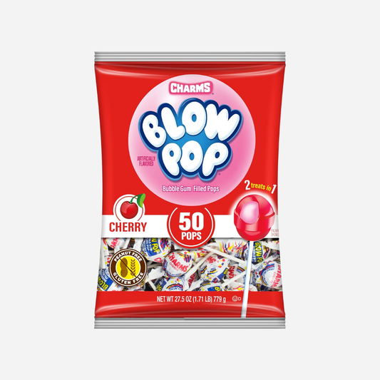 Charms Blow Pop Single Flavor Bag - Cherry Flavored Lollipops with a Bubble Gum Center - Individually Wrapped Hard Candy - Red Candy - Peanut Free, Gluten Free, 50 Count (Pack of 1)
