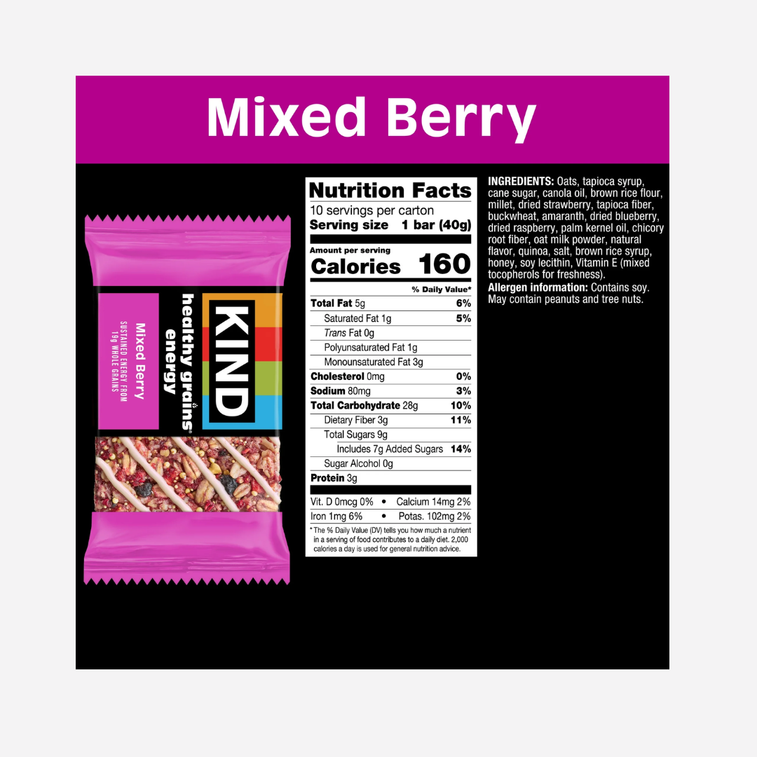 KIND Healthy Grains Energy Bars, Mixed Berry, 19g Whole Grains, Made with Super Grains, Gluten Free Snacks, 10 Ct Value Pack, 14.1oz