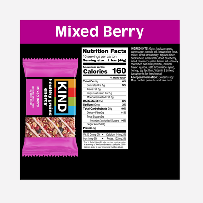 KIND Healthy Grains Energy Bars, Mixed Berry, 19g Whole Grains, Made with Super Grains, Gluten Free Snacks, 10 Ct Value Pack, 14.1oz