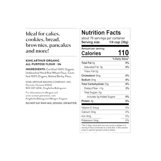 King Arthur Flour Organic Unbleached All Purpose Flour - 2 lbs