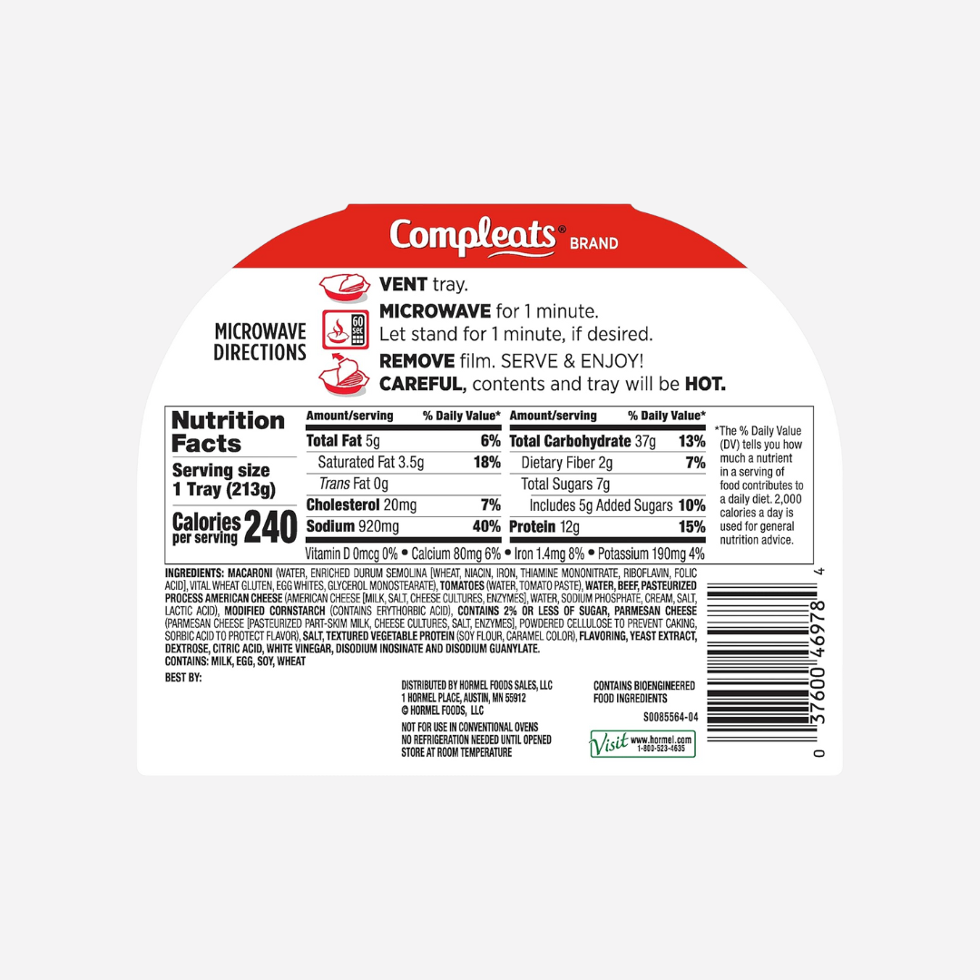 HORMEL COMPLEATS Beefy Mac & Cheese Microwave Tray, 7.5 Ounces (Pack of 7)