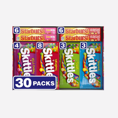 Starburst & Skittles Chewy Candy, Variety Box, Full Size, 30 pk