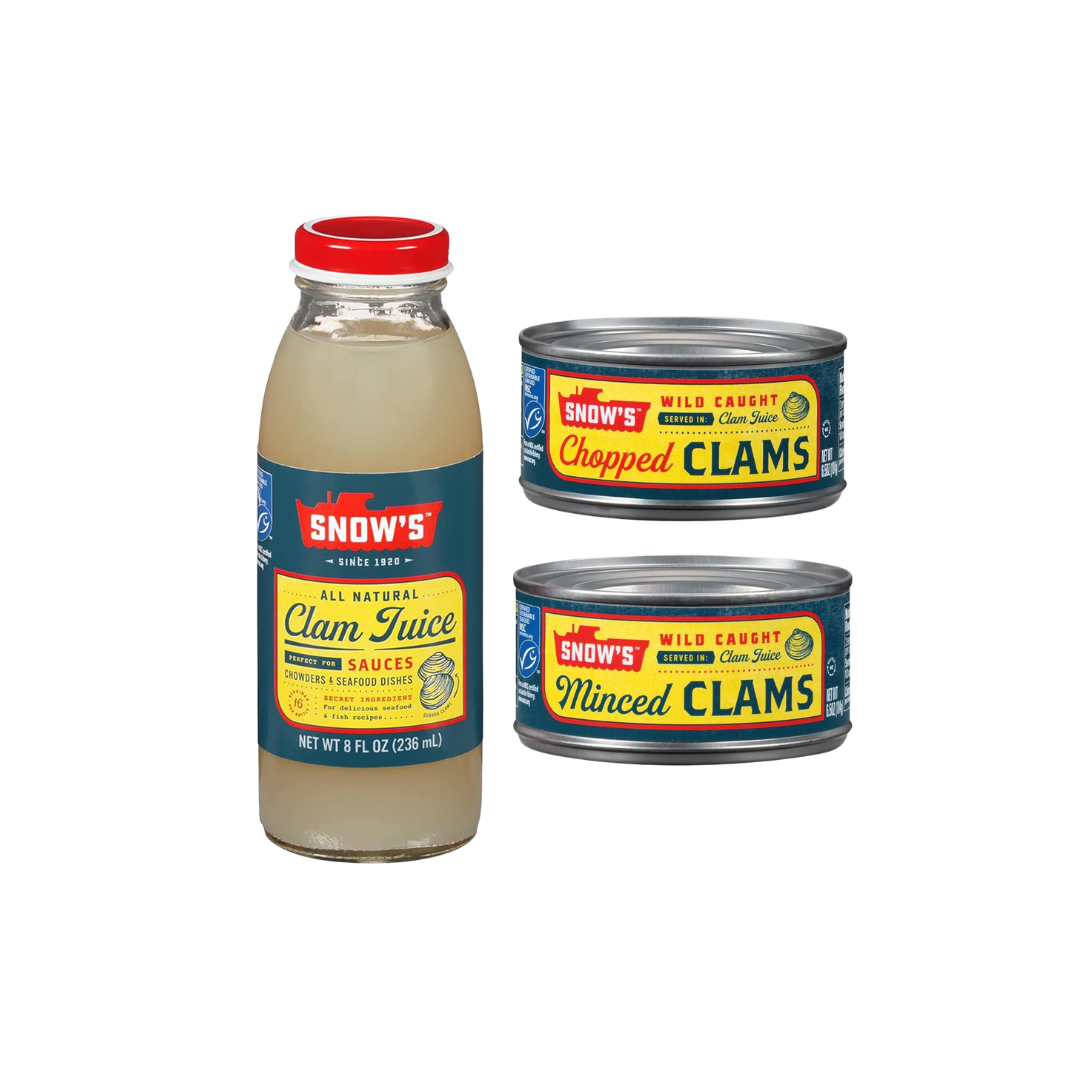 Snow's Clams Pantry Bundle - 1 Bottle Clam Juice, 1 Can Chopped Clams, and 1 Can Minced Clams