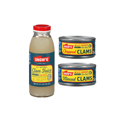 Snow's Clams Pantry Bundle - 1 Bottle Clam Juice, 1 Can Chopped Clams, and 1 Can Minced Clams