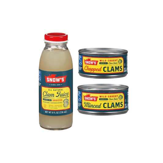 Snow's Clams Pantry Bundle - 1 Bottle Clam Juice, 1 Can Chopped Clams, and 1 Can Minced Clams