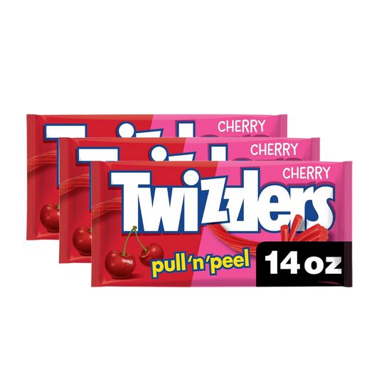 TWIZZLERS PULL 'N' PEEL Cherry Flavored Licorice Style, Low Fat Candy Bag, 14 oz (Pack of 3)