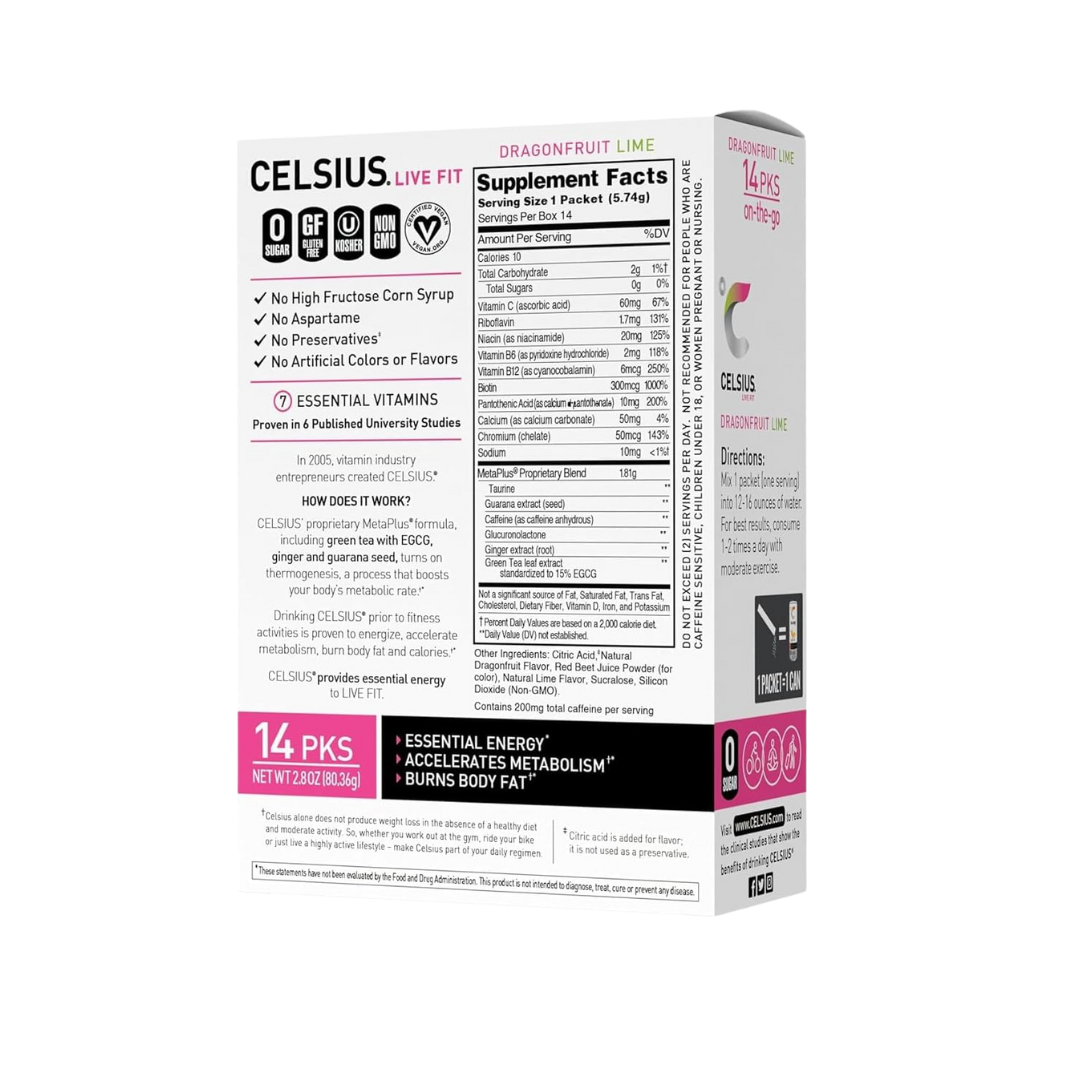 CELSIUS Dragonfruit Lime On-the-Go Powder Stick Packs, 14 Count (Pack of 1)