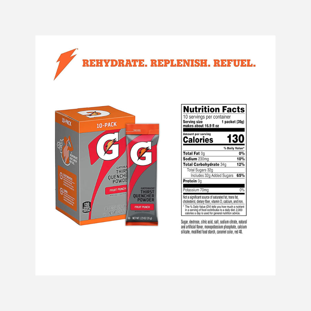 Gatorade Thirst Quencher Powder, Fruit Punch, 1.23 oz Packets, Makes 20 oz, 80 Count (Pack of 1)