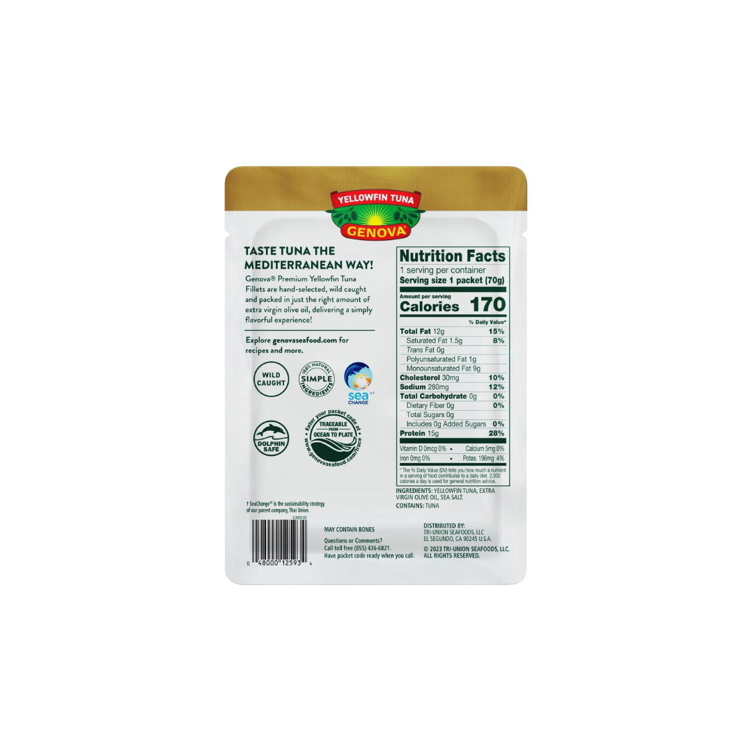Genova Premium Yellowfin Tuna in Olive Oil, 2.5 Ounce Packets, 12-Pack