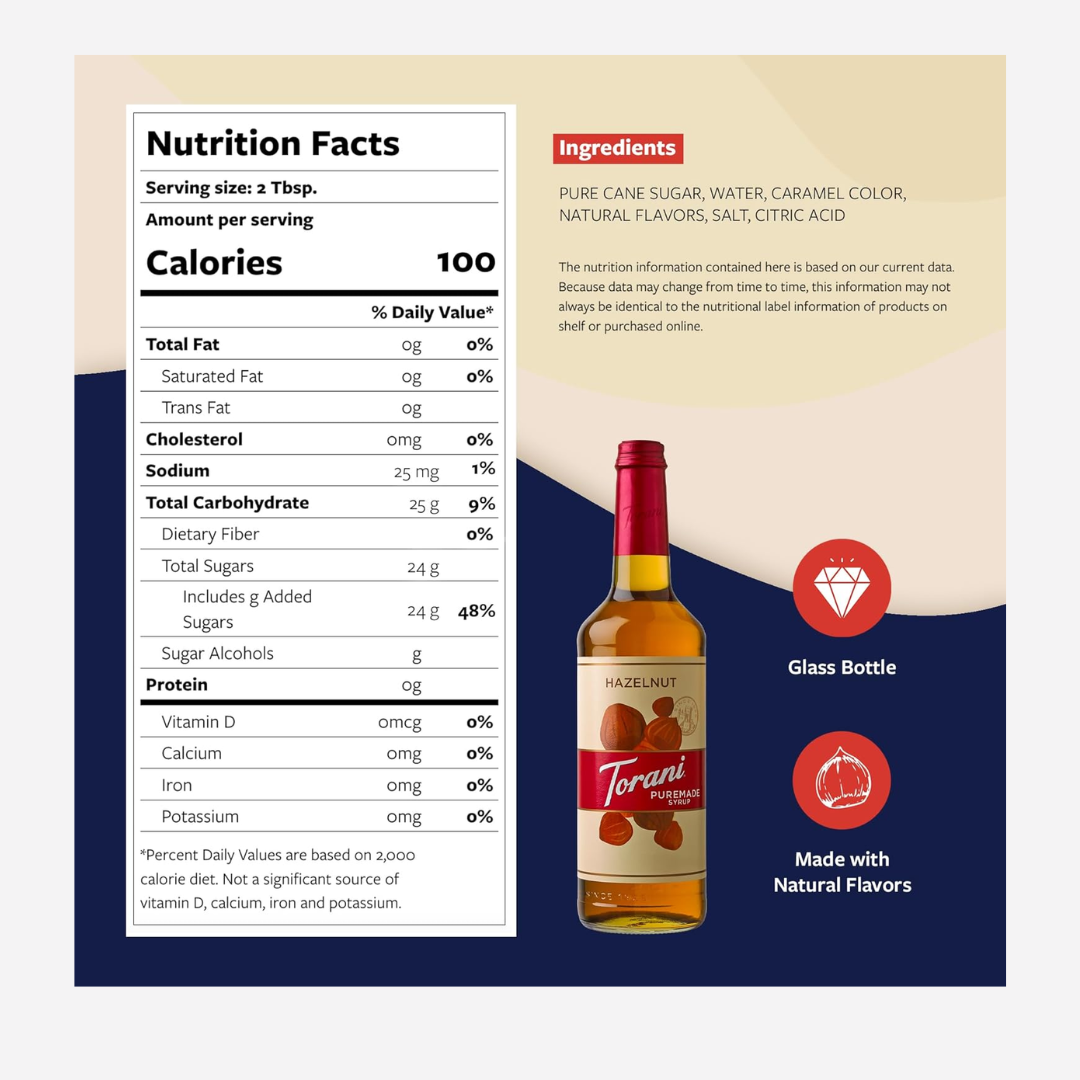 Torani Puremade Zero Sugar Hazelnut Flavoring Syrup 750 mL