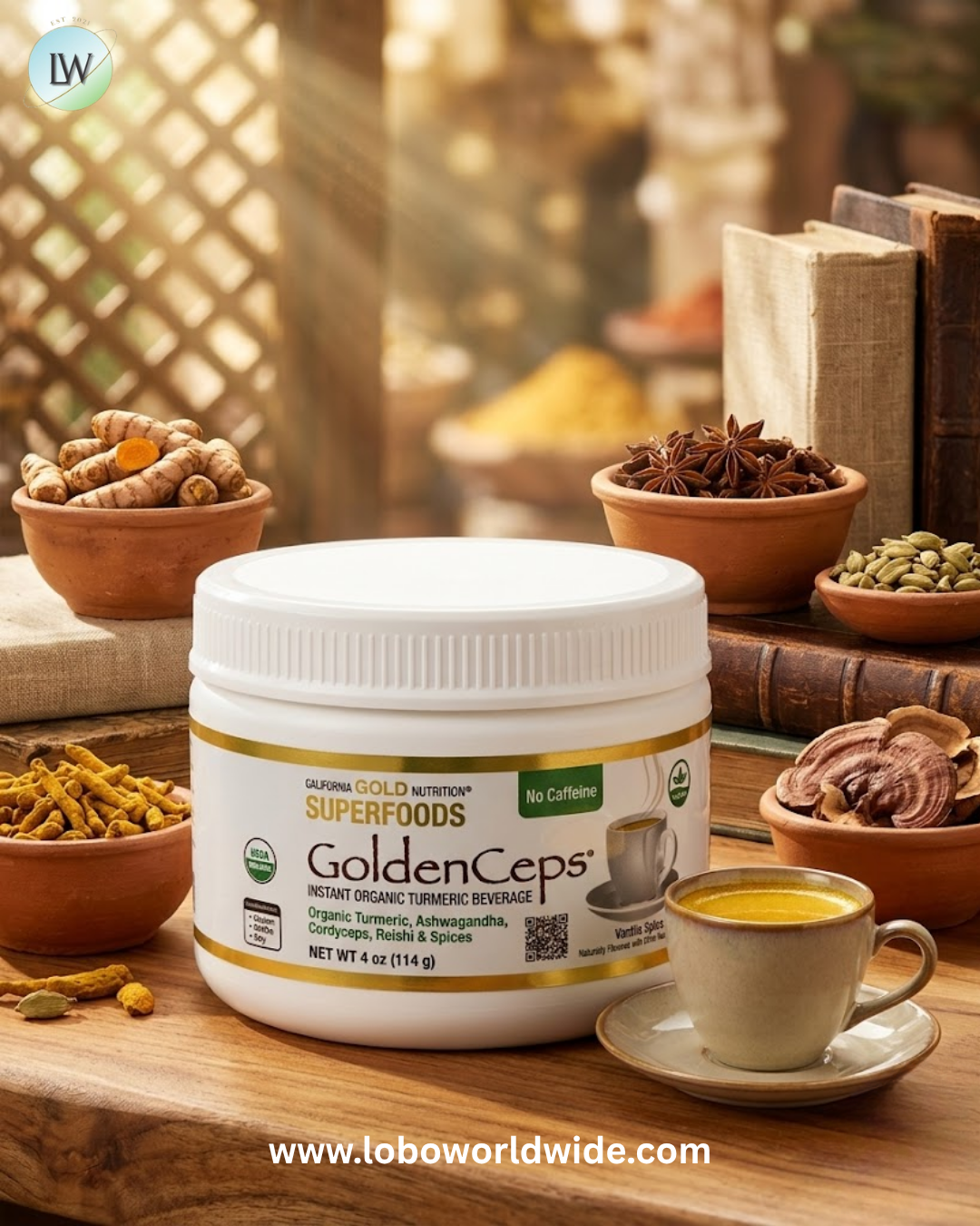 California Gold Nutrition, Superfoods, GoldenCeps®, Organic Turmeric with Ashwagandha, Cordyceps, and Reishi, 4 oz (114 g)
