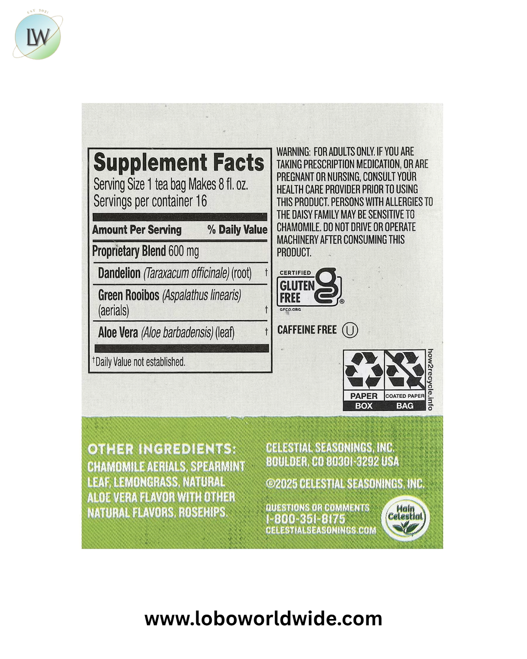 Celestial Seasonings, Detox Blend, Dandelion, Caffeine Free, 16 Tea Bags, 0.96 oz (27 g)