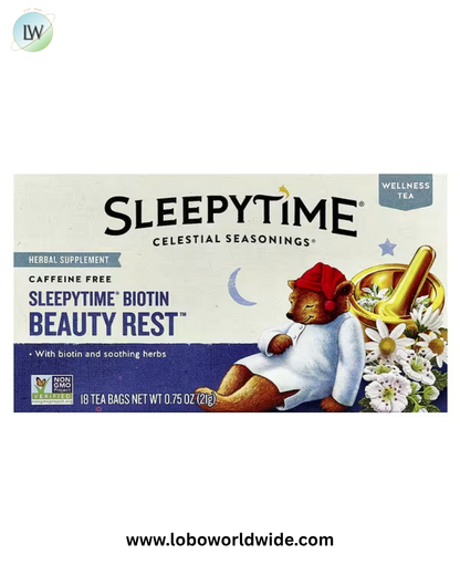 Celestial Seasonings, Wellness Tea, Sleepytime® Biotin Beauty Rest™, Caffeine Free, 18 Tea Bags, 0.75 oz (21 g)