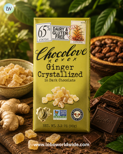 Chocolove, Ginger Crystallized in Dark Chocolate, 65% Cocoa, 3.2 oz (90 g)