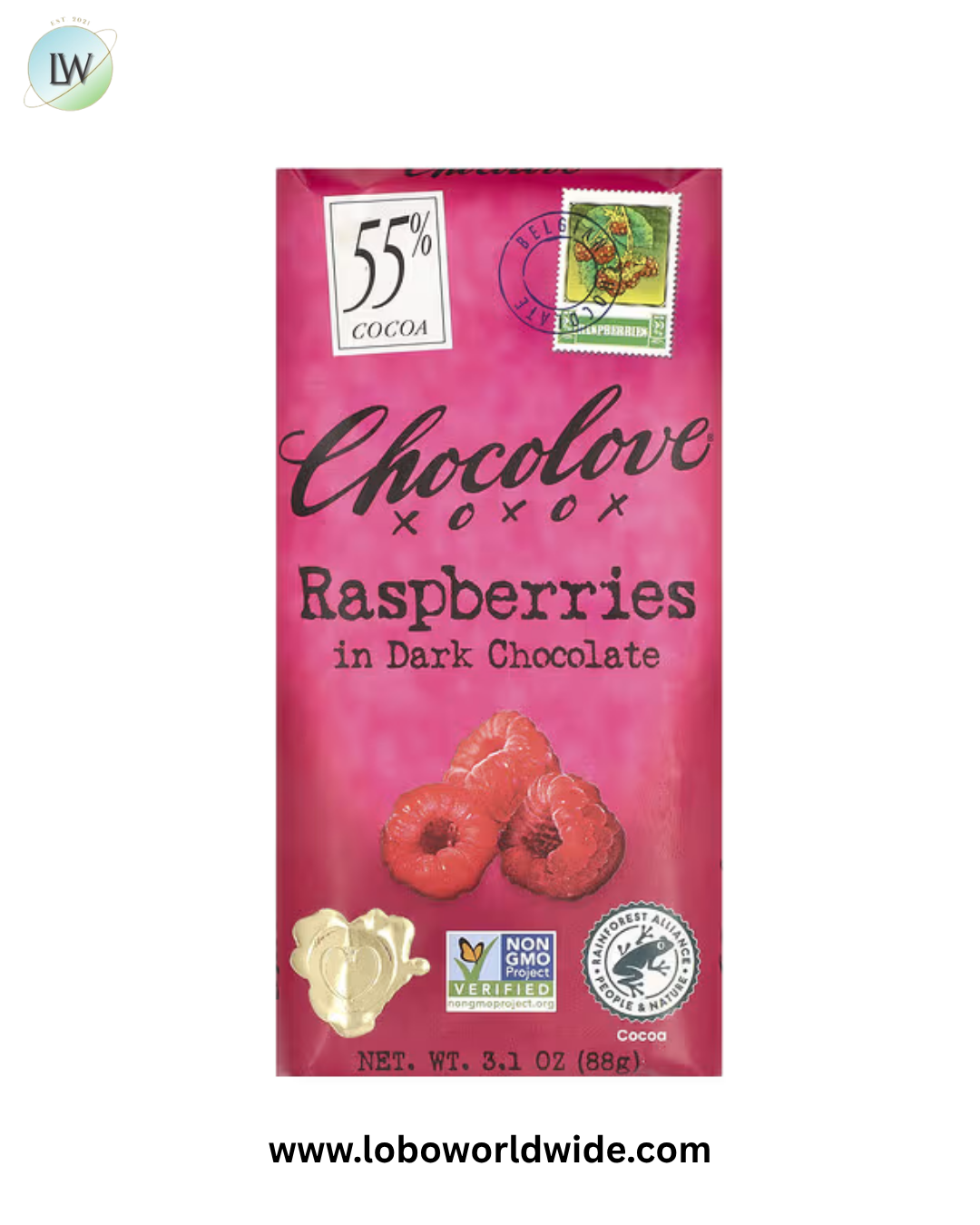 Chocolove, Raspberries in Dark Chocolate, 55% Cocoa, 3.1 oz (88 g)