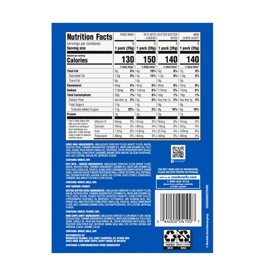 Nabisco Classic Mix Variety Pack, OREO, CHIPS AHOY!, Nutter Butter, RITZ Bits Cheese, 20 Snack Packs