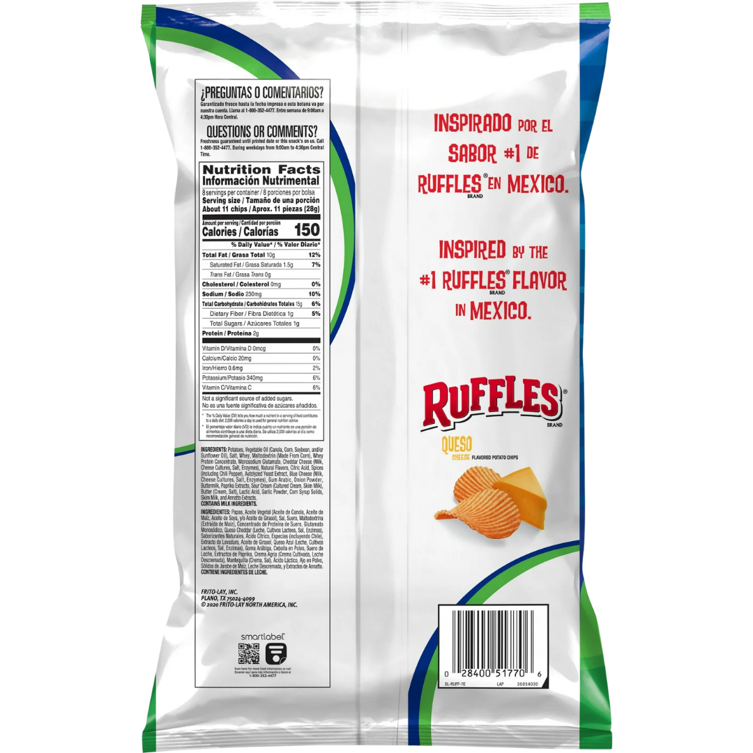 Ruffles Potato Chips Queso Cheese Flavored Snack Chips, Snacks, Large Bag 8 Ounce Bag