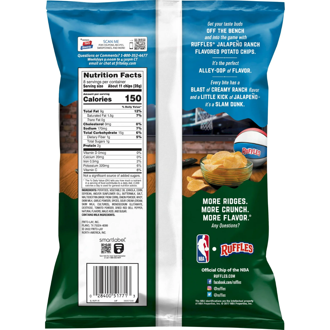 Ruffles Potato Chips Jalapeno Ranch Flavored 8.0 oz Bag
