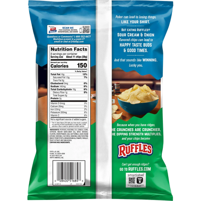 Ruffles Potato Chips Sour Cream & Onion Flavor Snack Chips, 8.0 Ounce Bag