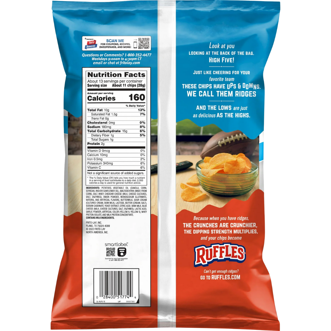 Ruffles Cheddar & Sour Cream Potato Snack Chips,Party Size, 12.5 oz Bag
