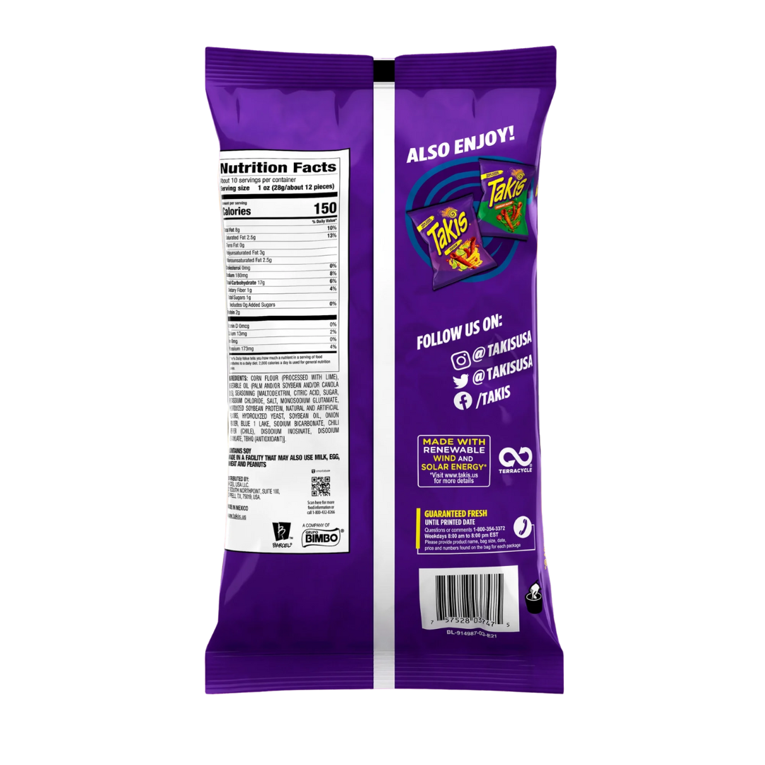 Takis Blue Heat 9.9 oz Sharing Size Bag, Hot Chili Pepper Rolled Tortilla Chips
