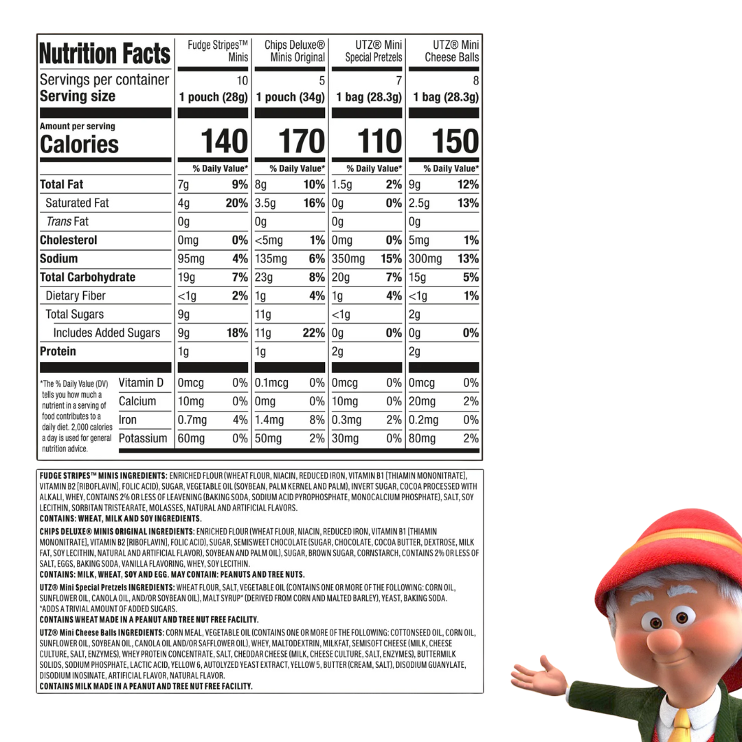 Keebler Sweet & Salty Variety Pack, 30-Count Box, Includes Keebler Chips Deluxe, Fudge Stripes, Utz mini Pretzels and Cheese Balls, 31 oz