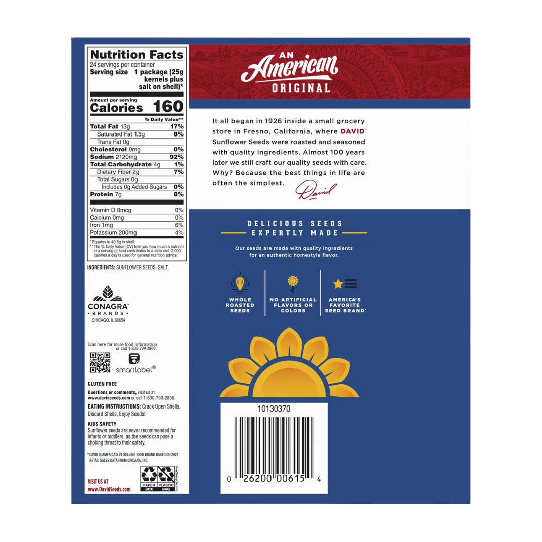 David Roasted and Salted Whole Sunflower Seeds 1.5 oz. Pouch - 144/Case/David Original Sunflower Seeds, 1.75 oz., 24 pk.