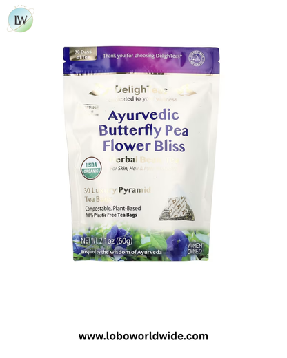 DelighTeas, Ayurvedic Butterfly Pea Flower Bliss, Herbal Beau-Tea, Caffeine Free, 30 Luxury Pyramid Tea Bags, 2.1 oz (60 g)