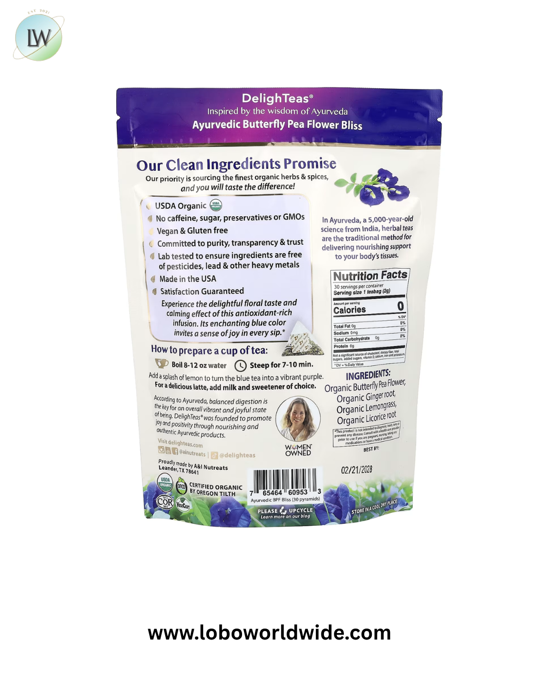 DelighTeas, Ayurvedic Butterfly Pea Flower Bliss, Herbal Beau-Tea, Caffeine Free, 30 Luxury Pyramid Tea Bags, 2.1 oz (60 g)