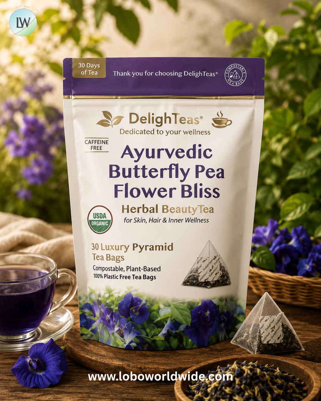 DelighTeas, Ayurvedic Butterfly Pea Flower Bliss, Herbal Beau-Tea, Caffeine Free, 30 Luxury Pyramid Tea Bags, 2.1 oz (60 g)
