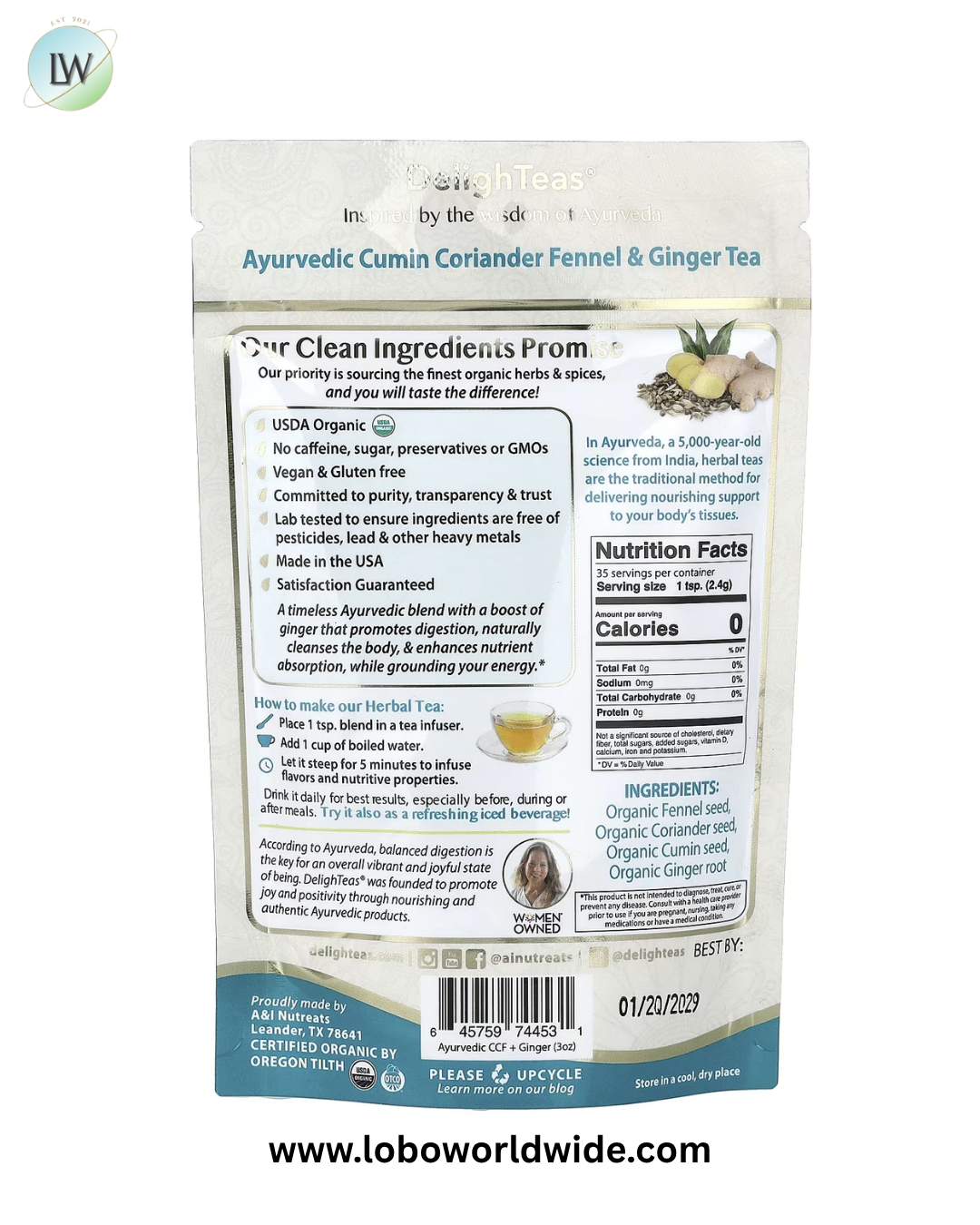 DelighTeas, Ayurvedic CCF Ginger, Herbal Detox Tea, Loose Blend, Caffeine Free, 3 oz (85 g)