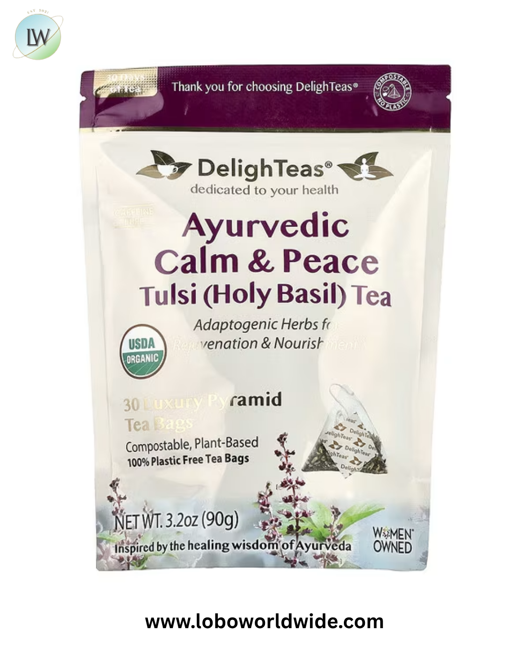DelighTeas, Ayurvedic Calm & Peace Tulsi (Holy Basil) Tea, Caffeine Free, 30 Luxury Pyramid Tea Bags, 3.2 oz (90 g)